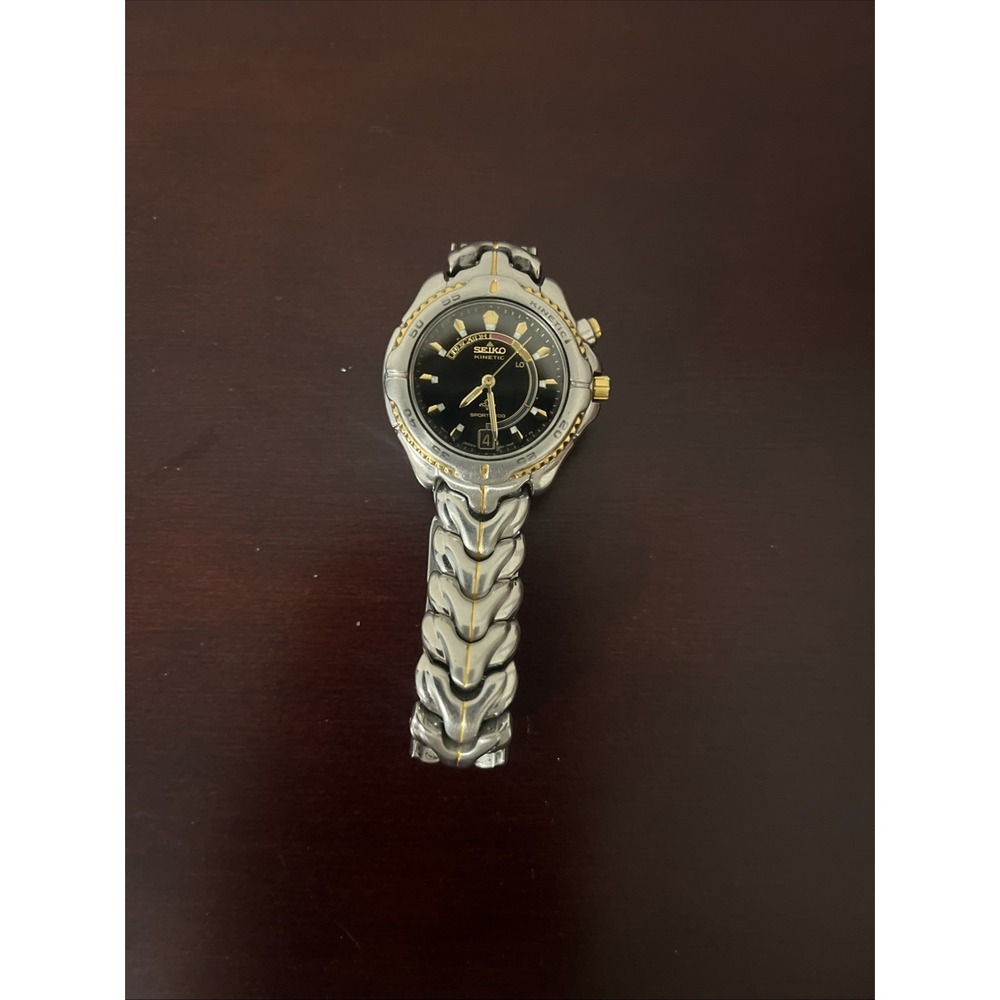 Seiko Kinetic Sports 100 Watch Black & Gold Dial 3M22-0899 NEEDS BATTERY